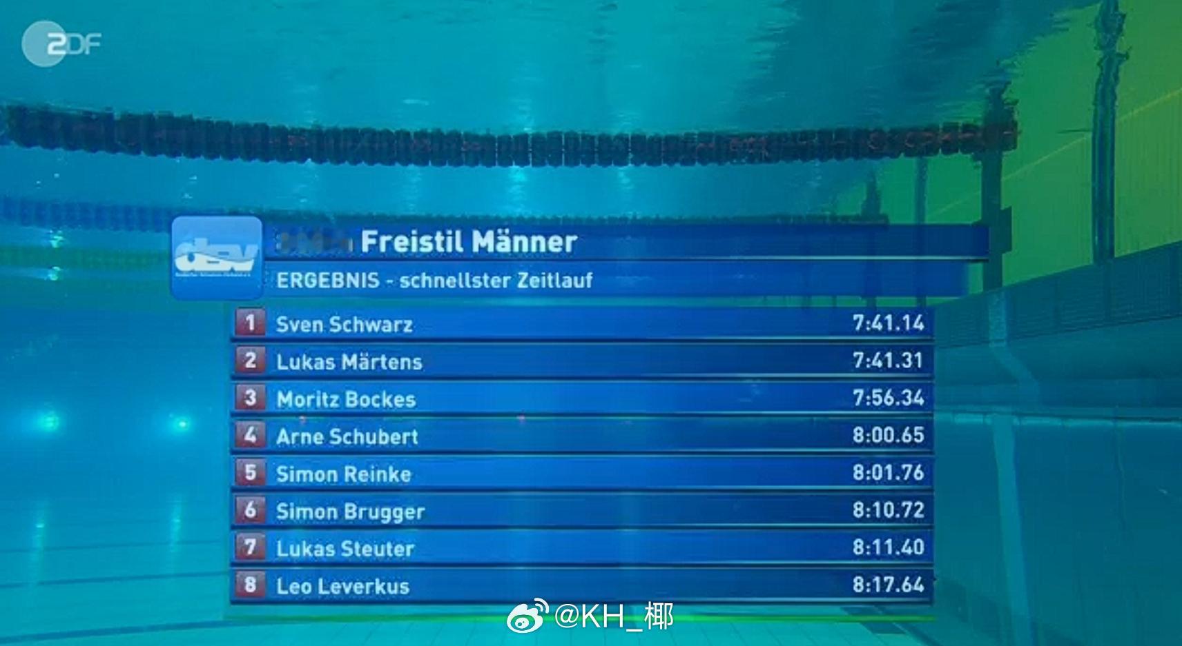 德国游泳锦标赛 男800自快组决赛Sven Schwarz 7:41.14Luk