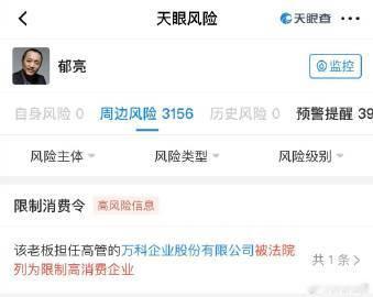 【万科前董事会主席郁亮被限高 】天眼查App显示，近日，万科企业股份有限公司及前