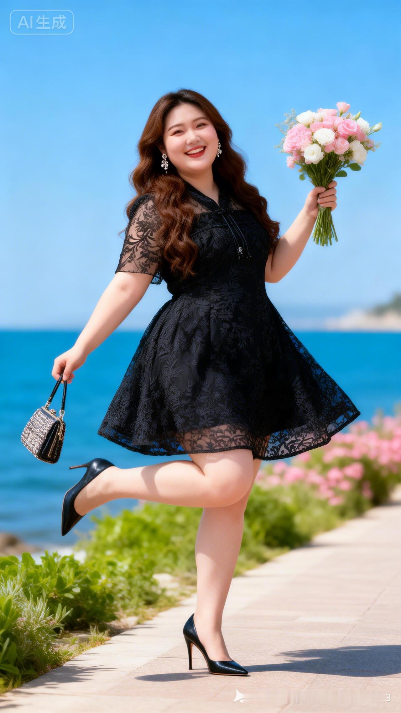 海边漫步，黑裙飘飘，手捧鲜花，心情大好！🌊💐👗👠