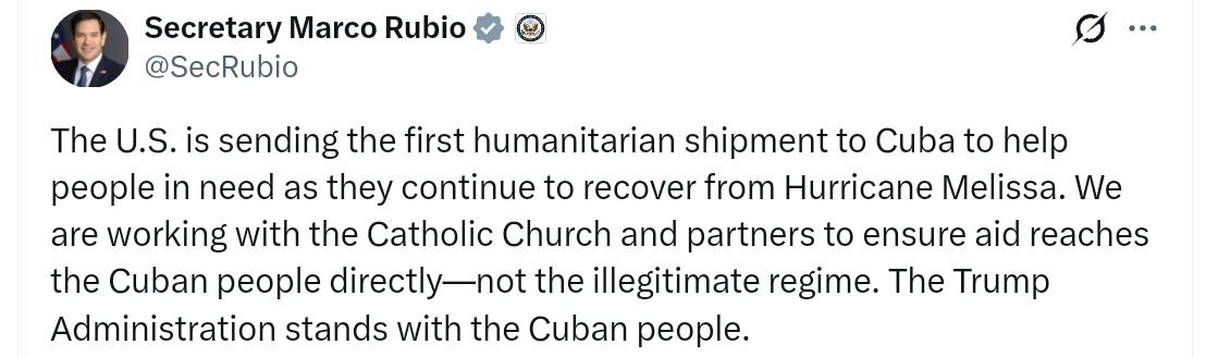美国国务卿卢比奥：美国正向古巴运送首批人道主义援助物资，帮助受飓风“梅丽莎”重创