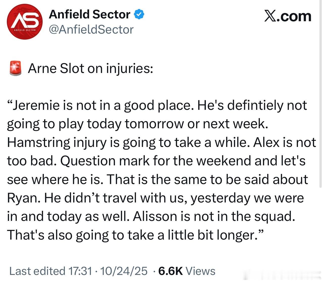 斯洛特谈我军的伤病情况，弗林蓬腘绳肌这种伤势通常情况下会缺席一段时间所以可以肯定