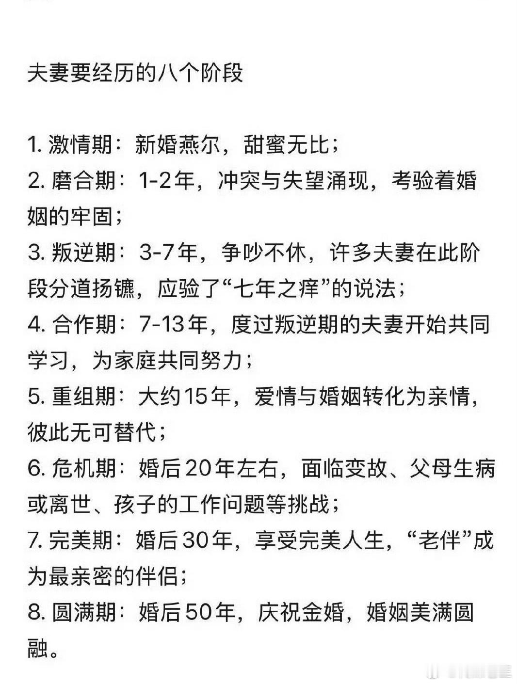 网上有人总结的夫妻要经历的八个阶段。。。。。。 ​​​