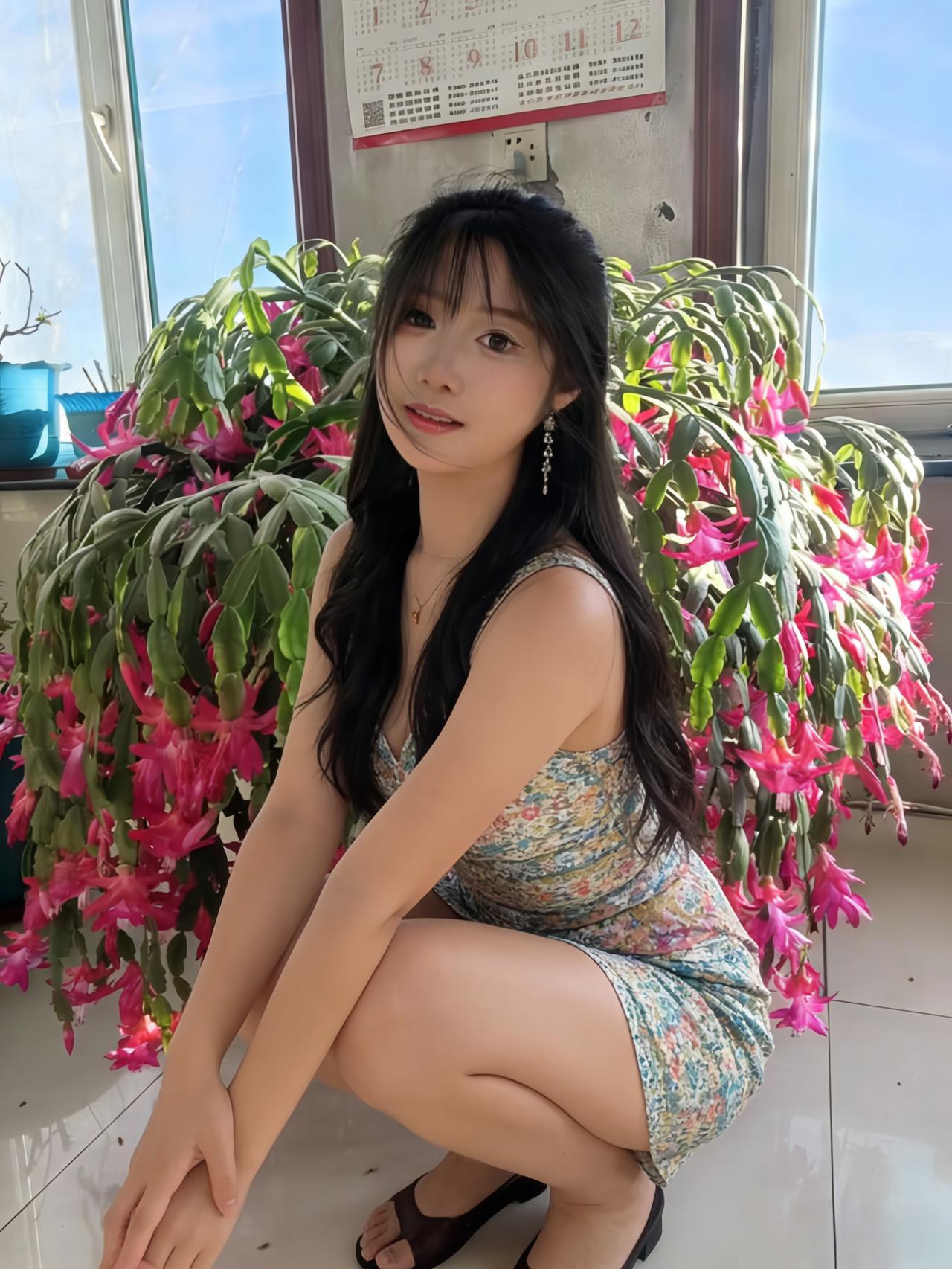 繁英照眼明，艳色簇芳庭。
裙剪霞纹细，簪凝露影清。
蹲身依嫩蕊，浅笑对红英。
花