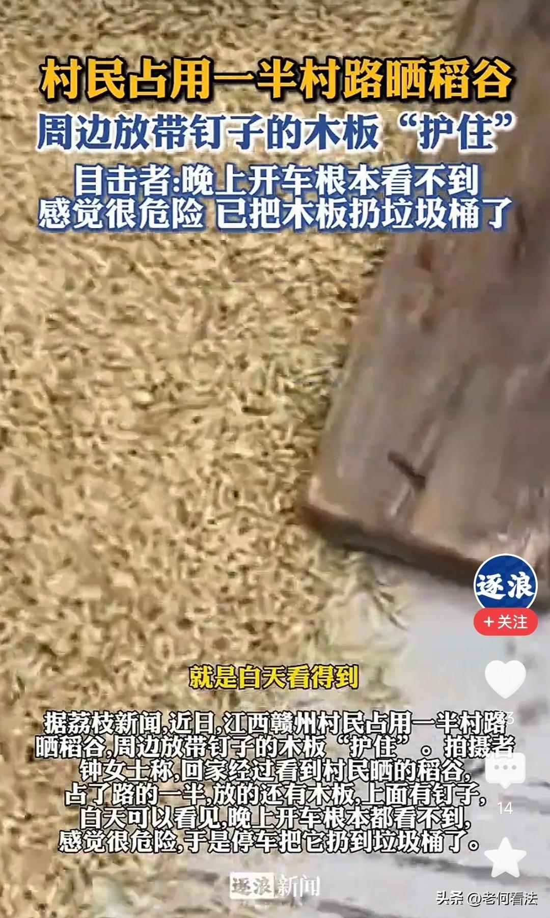村民占半条村路晒稻谷，还摆带钉木板护粮！视频曝光，网友纷纷这样说！


占路或许