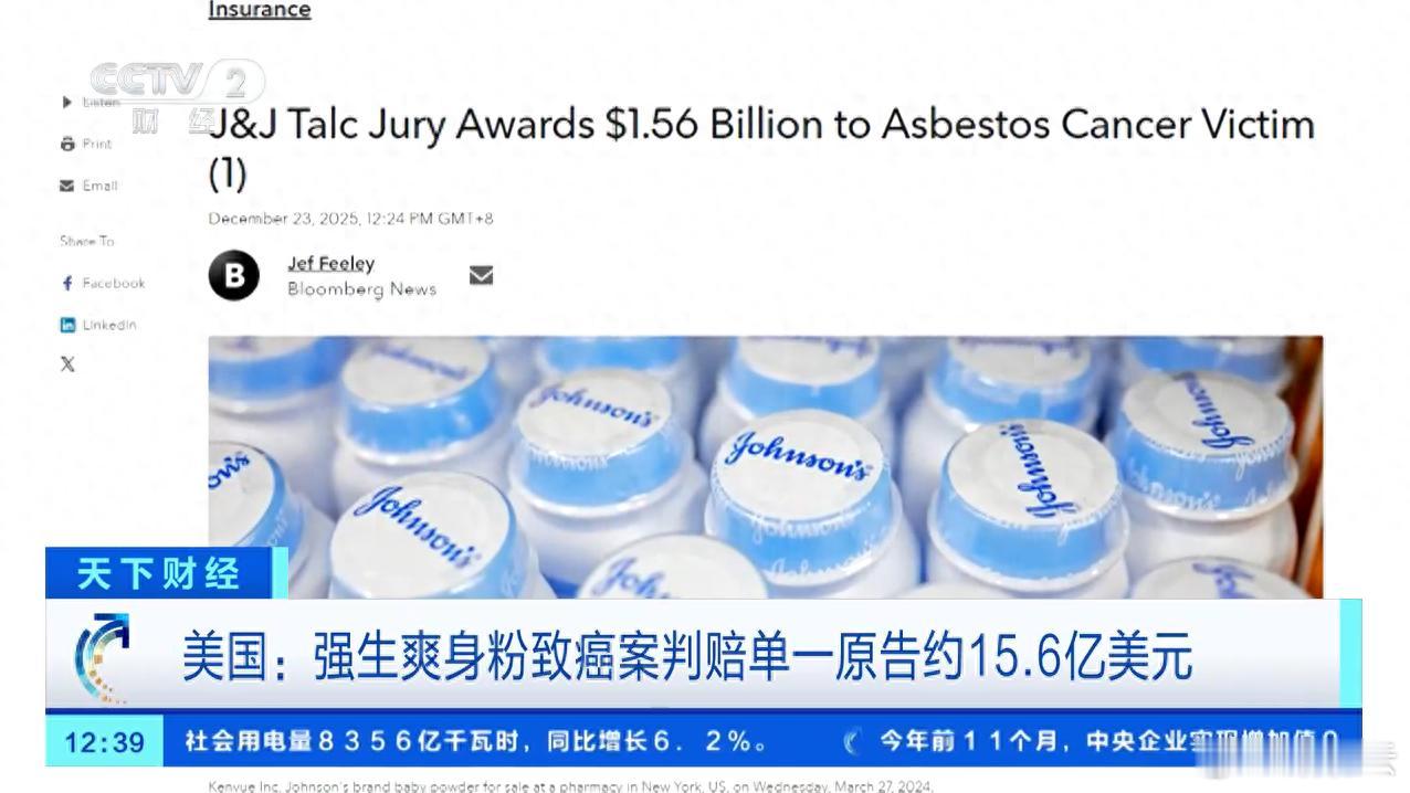 强生爽身粉致癌案判赔女子约110亿元 当地时间22日，美国马里兰州一个陪审团裁定