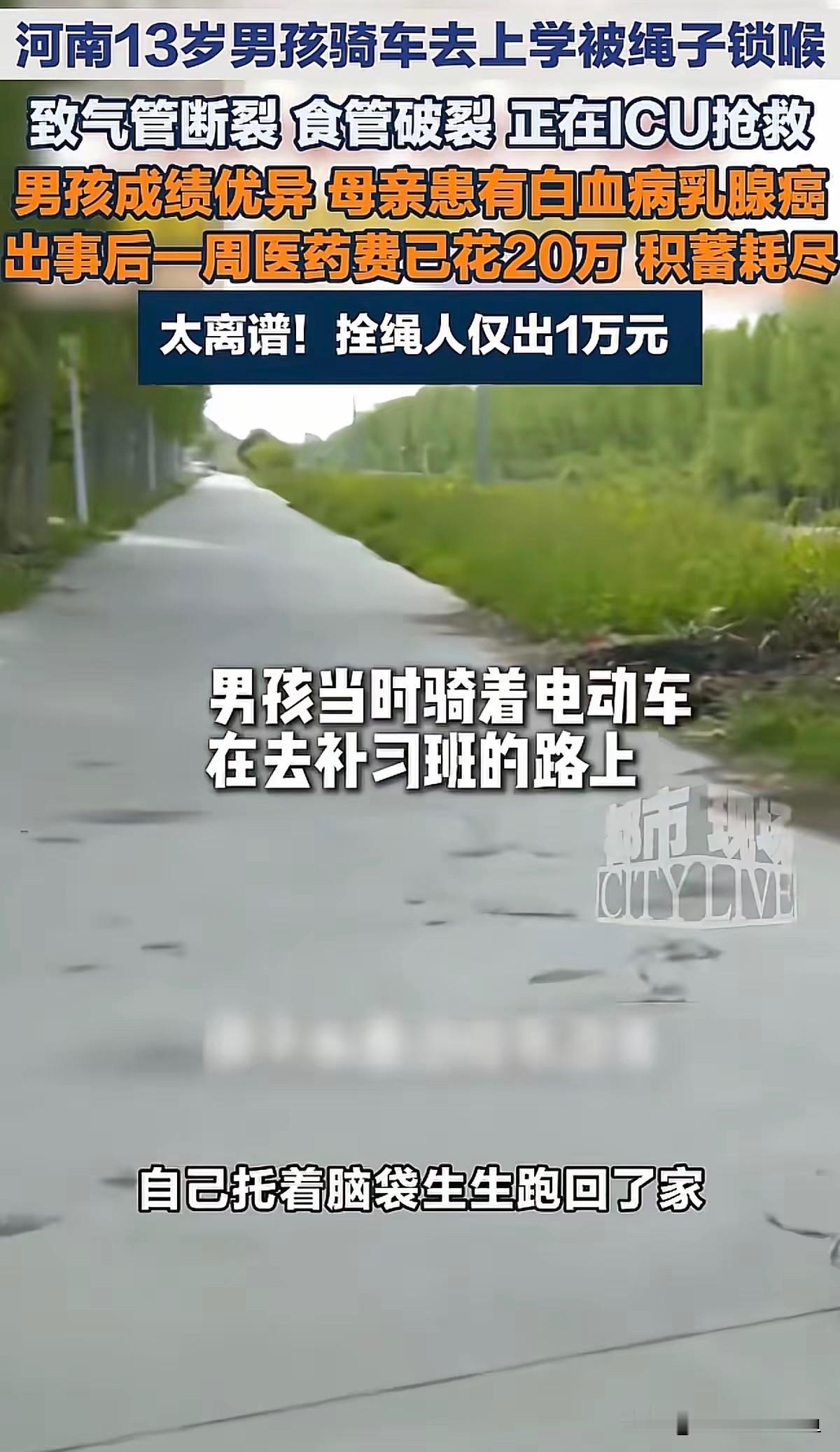 割断男孩气管的绳子是村里一位老人拉的，他为了打玉米，私自拦路，直接在道路两旁的树