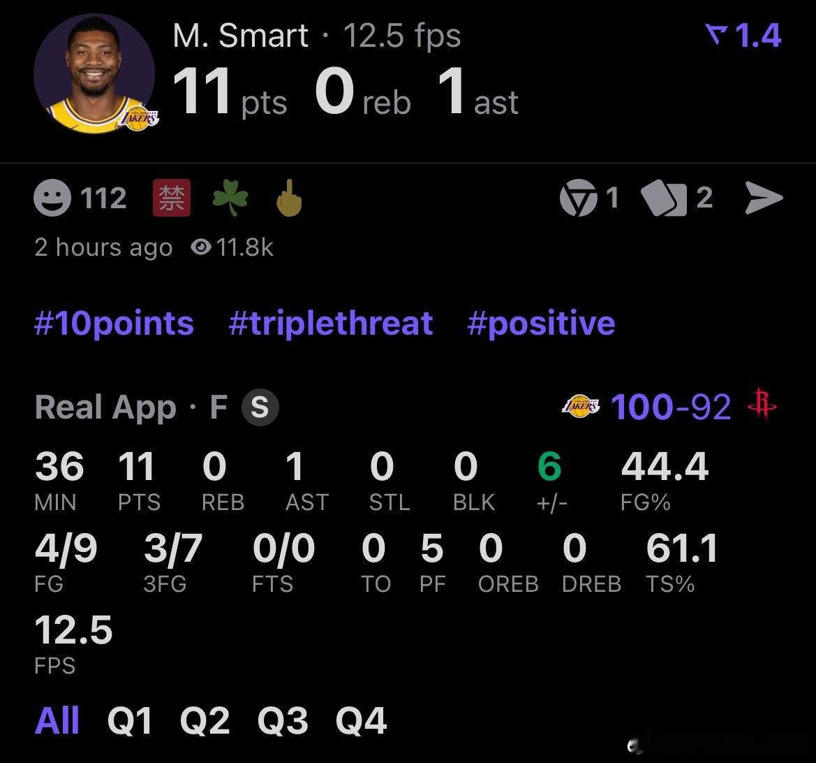 过去5场对阵胜率超过50%球队的比赛，斯玛特的累计正负值高达+66 🤯尽管偶尔