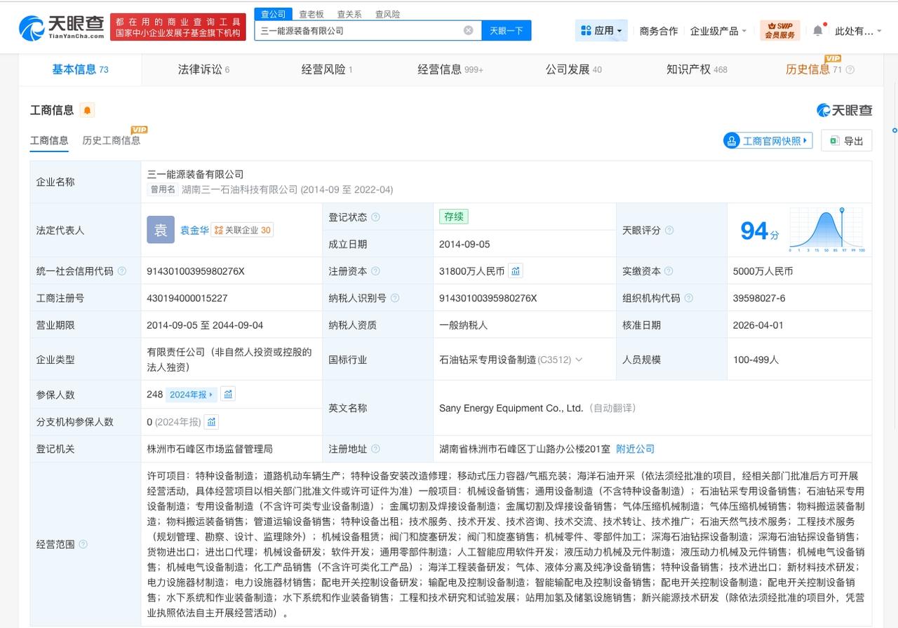 三一能源装备公司增资至约3.2亿 增幅536%

天眼查工商信息显示，近日，三一