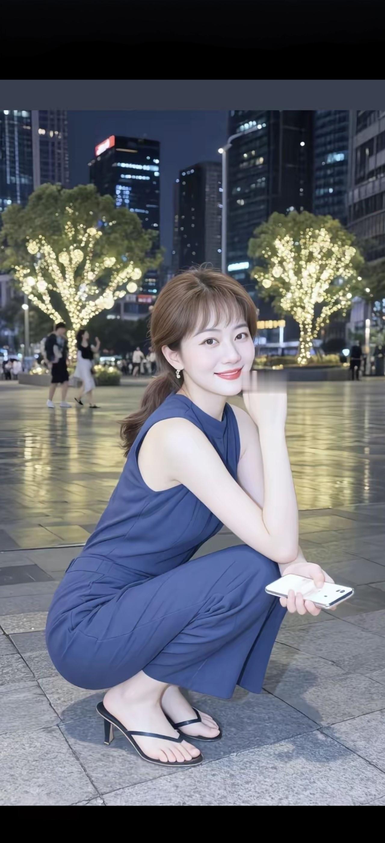 这位女士在城市夜景下拍照。