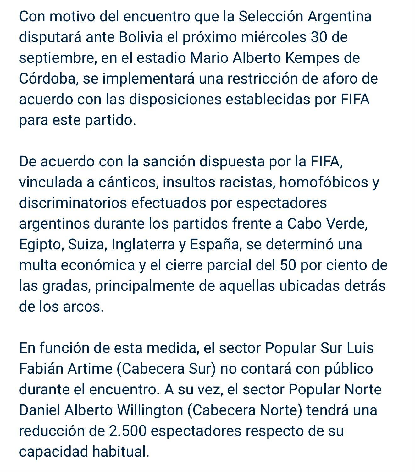 阿根廷🆚玻利维亚的比赛将因FIFA的处罚而减少观众人数：📌马里奥·肯佩斯体育