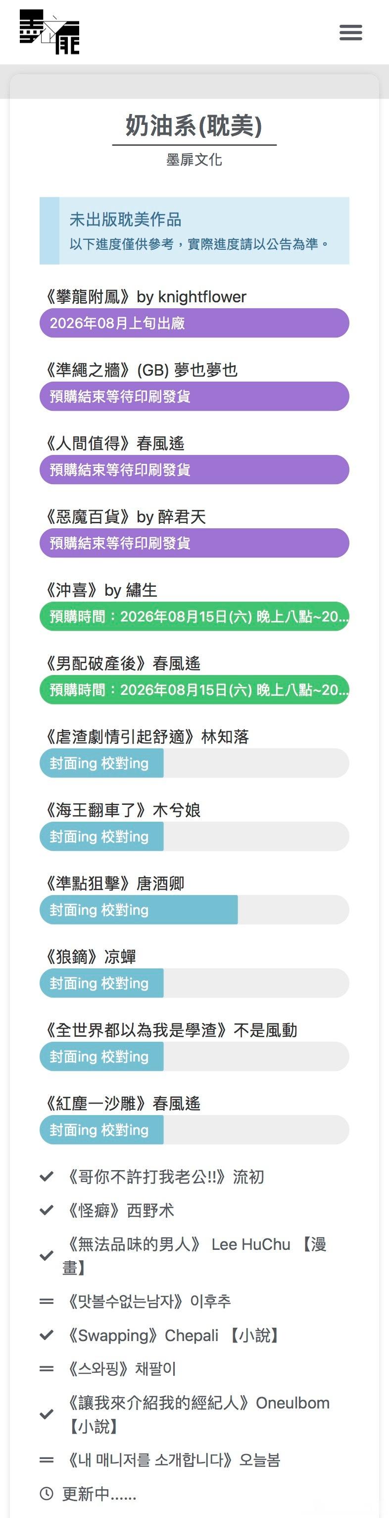 墨扉26.8月进度更新·新签约：流初《哥你不许打我老公！！》西野术/匿名咸鱼《怪
