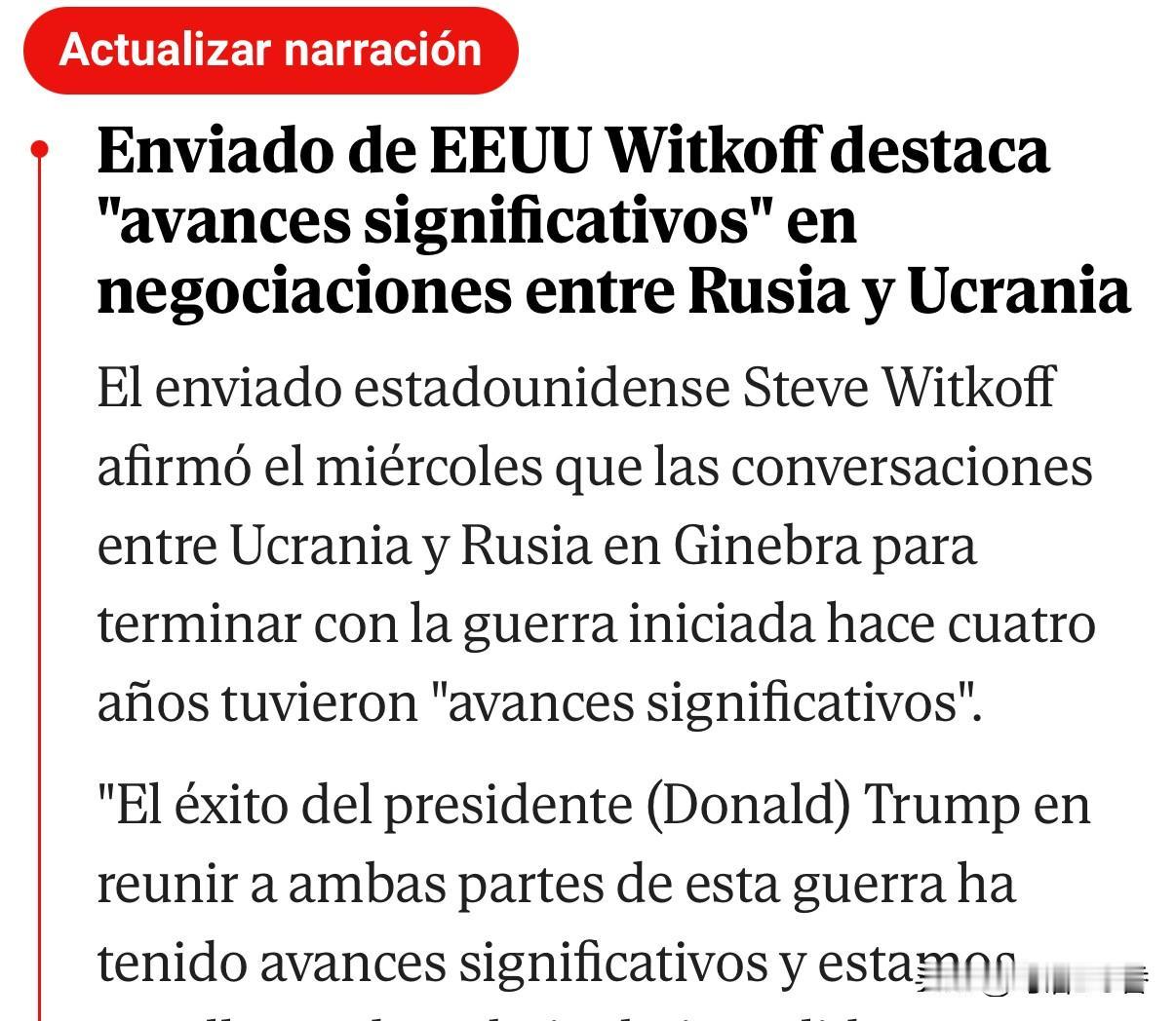 周三，美特使维特科夫表示，乌克兰和俄罗斯在日内瓦就结束四年前开始的战争的谈判取得