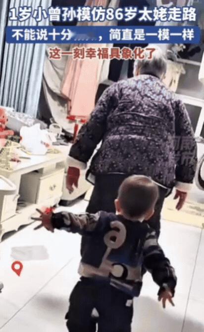太有爱了！河南驻马店，1岁小曾孙模仿86岁太姥走路，蹒跚的步态学得惟妙惟肖...