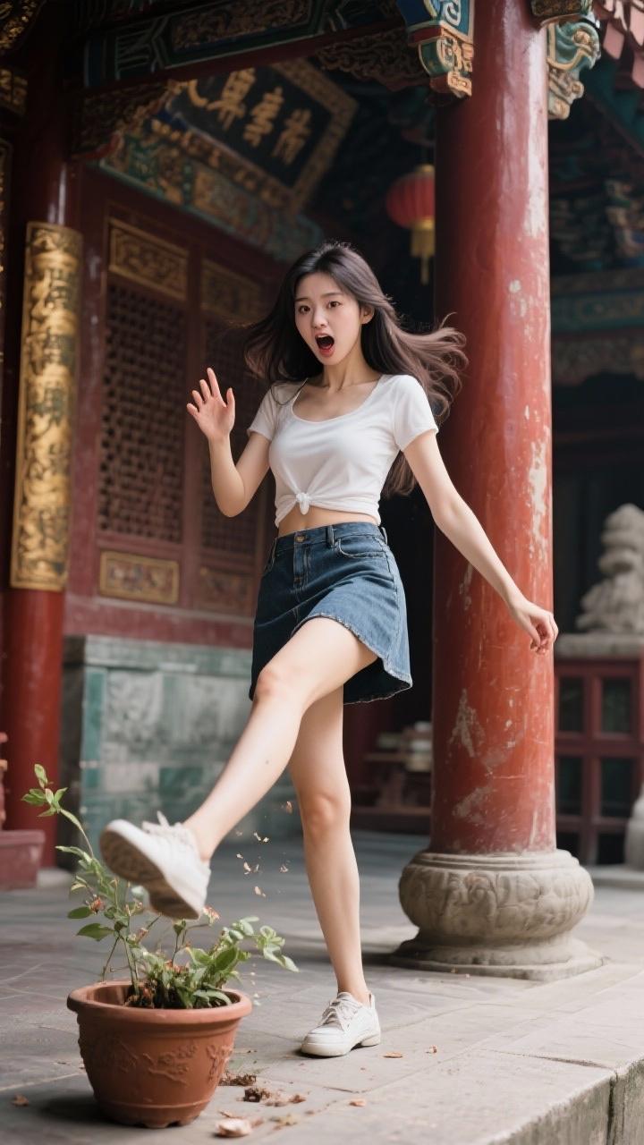 “别人都能进，凭什么我不能进？”  
一位穿着蕾丝吊带、超短裙的年轻女子站在寺庙