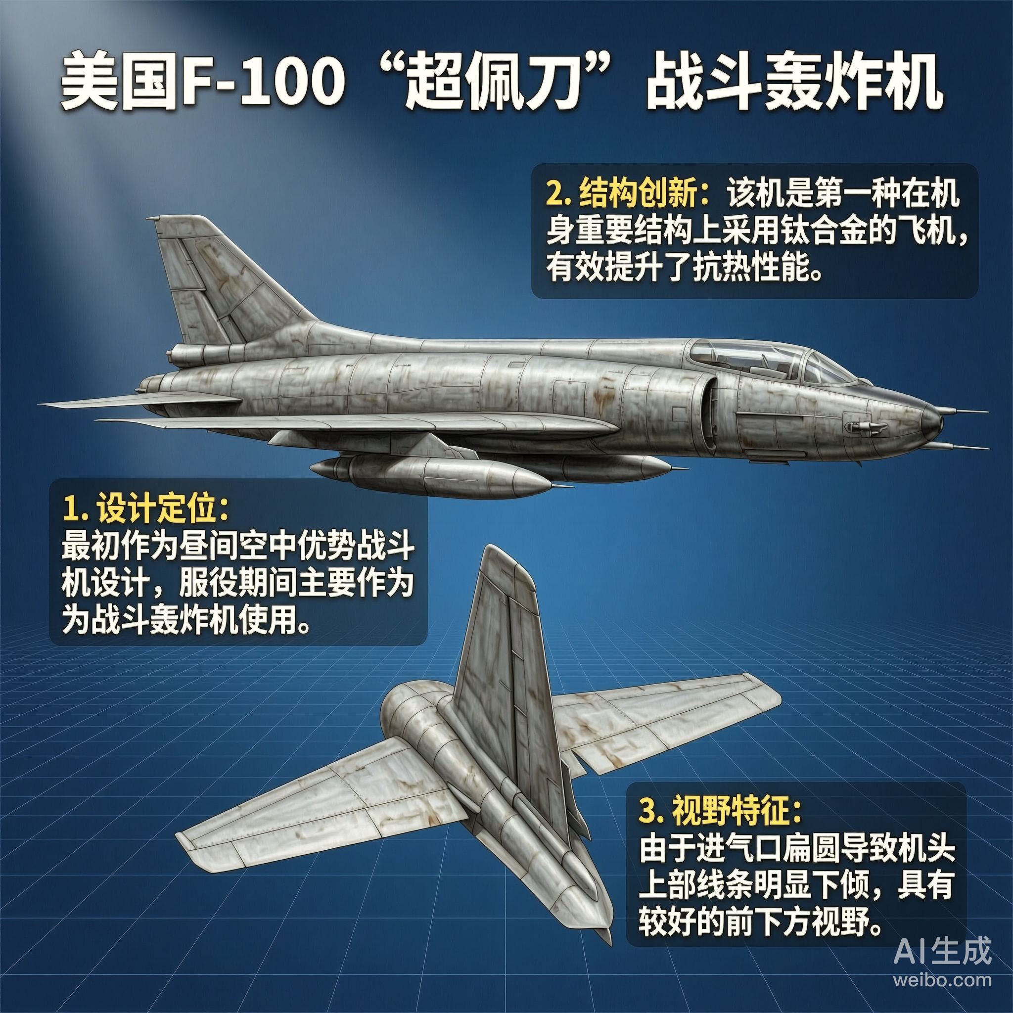 军事ai新视野 美国F-100“超佩刀”战斗轰炸机F-100最初是作为昼间空中优