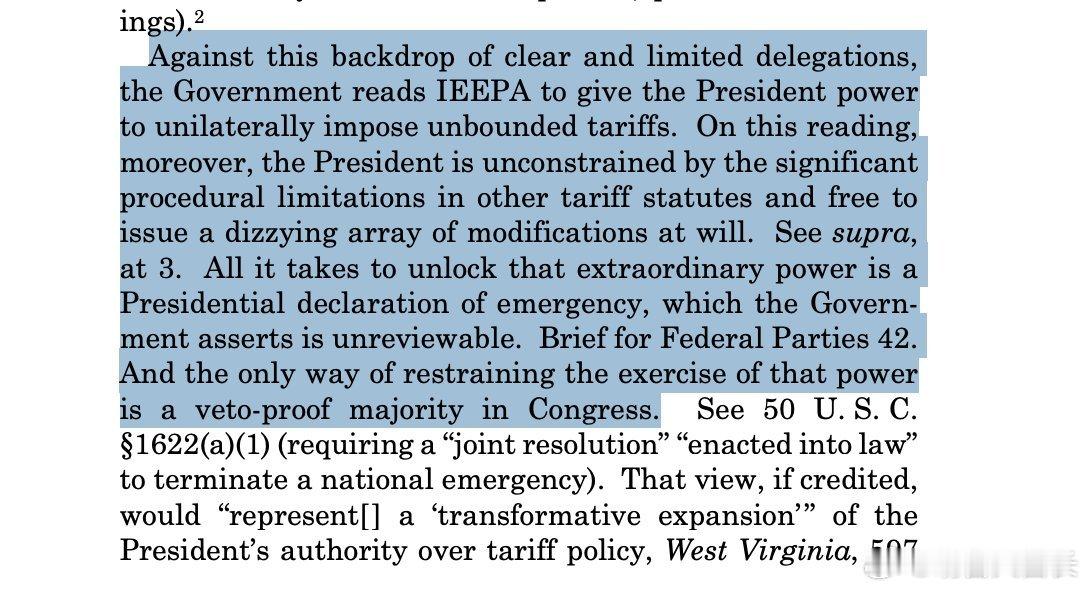 美国最高法院判决川普全球关税败诉罗伯茨大法官代表多数派撰写意见书，指出特朗普声称