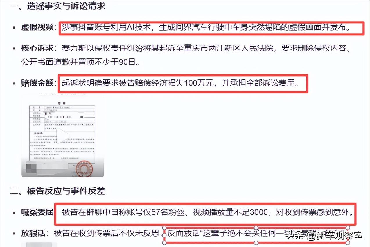 57个粉丝 3000播放量，凭啥就被问界索赔100万？
某博主用AI生成了一条"