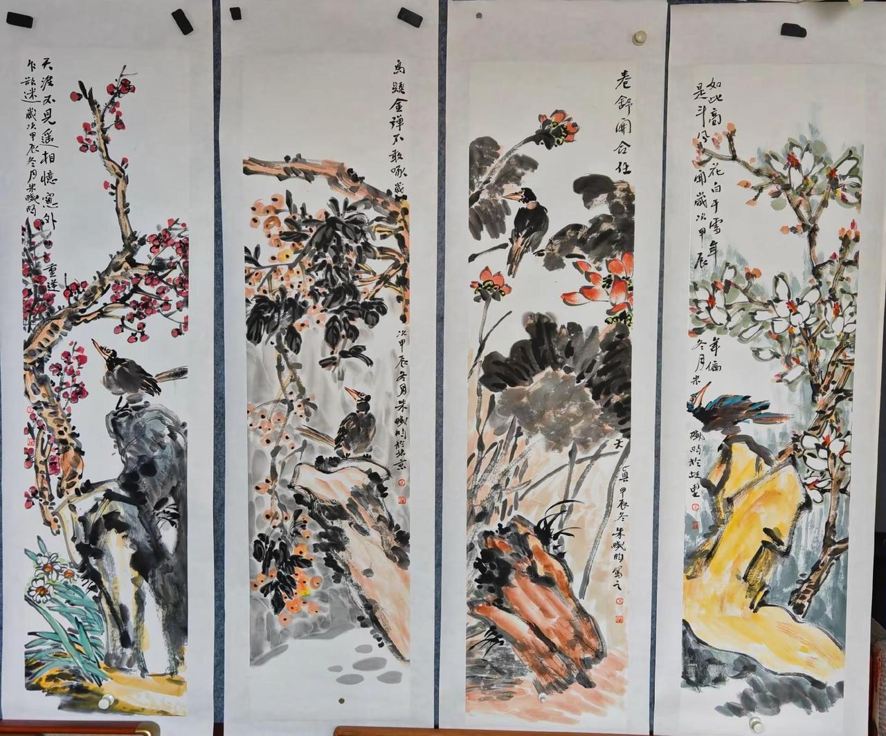 花鸟四条屏。写意花鸟创作者中心 创作灵感 国画花鸟 水墨四屏