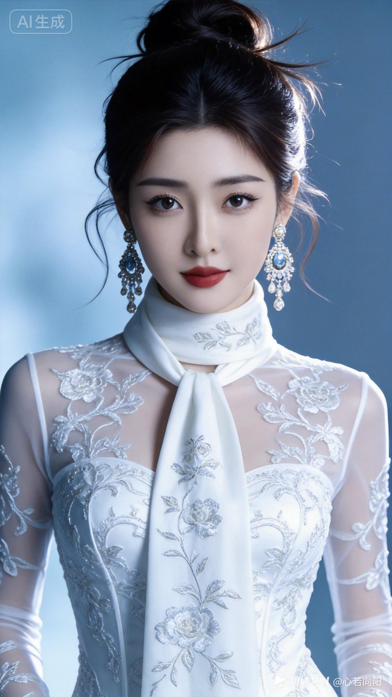 绝色佳人高盘发微乱带光感，浓妆精致，大眼睫毛纤长，眼肤细节拉满。身着白色紧身绣花