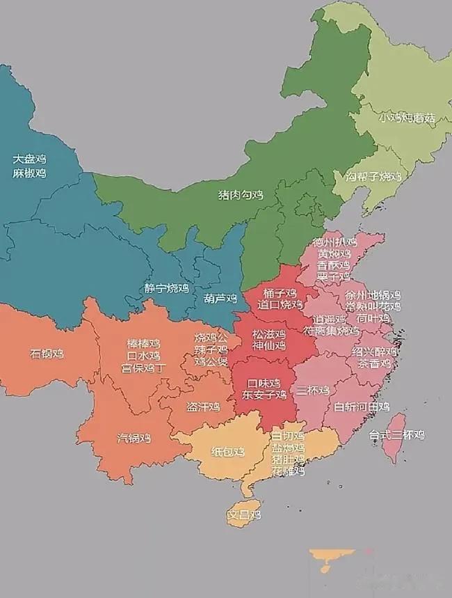 各省份以鸡为食材的代表性地方菜名分布图