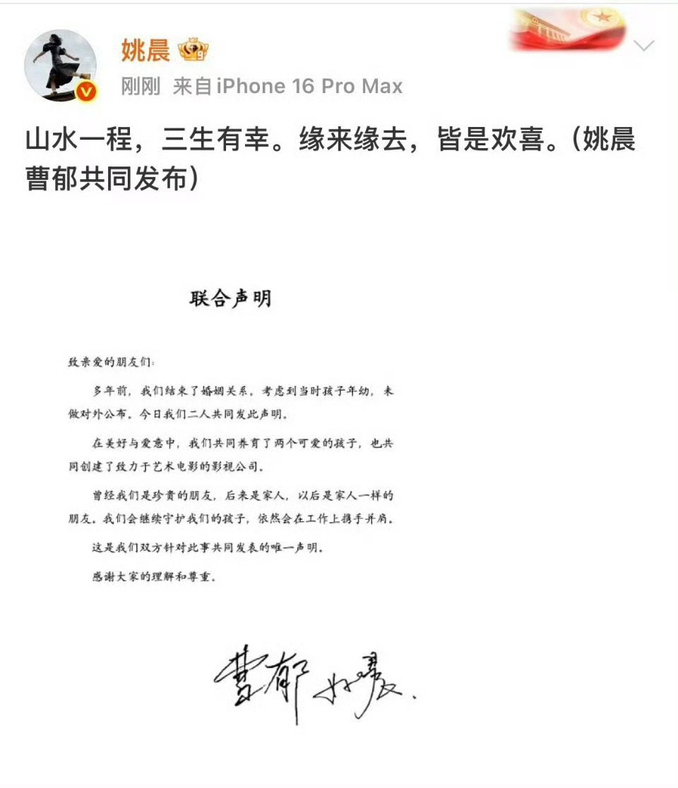 妈耶姚晨官宣离婚 