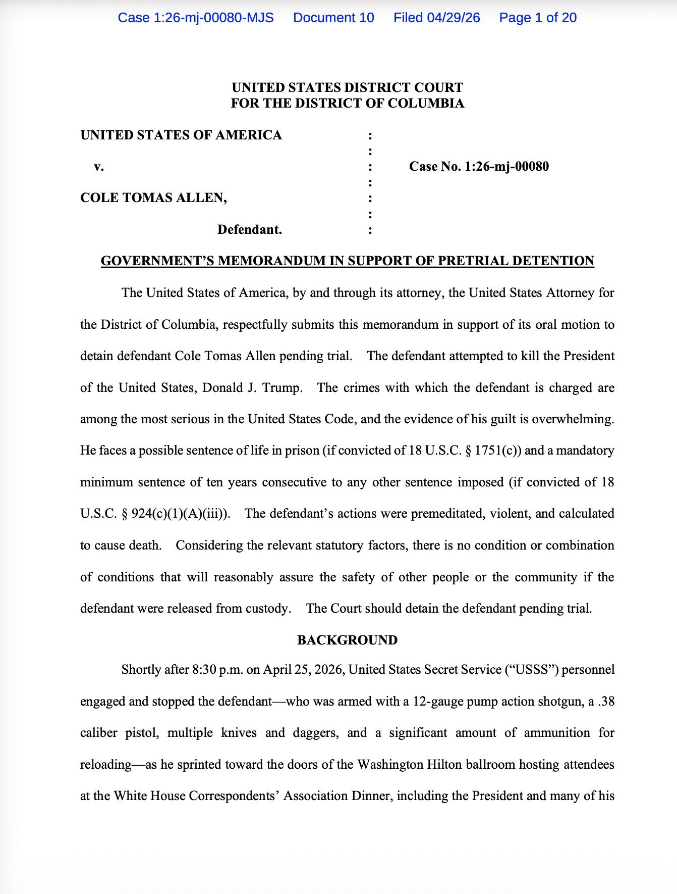 最新提交的法庭文件公布了白宫记者晚宴枪手Cole Allen案发前半小时在酒店房