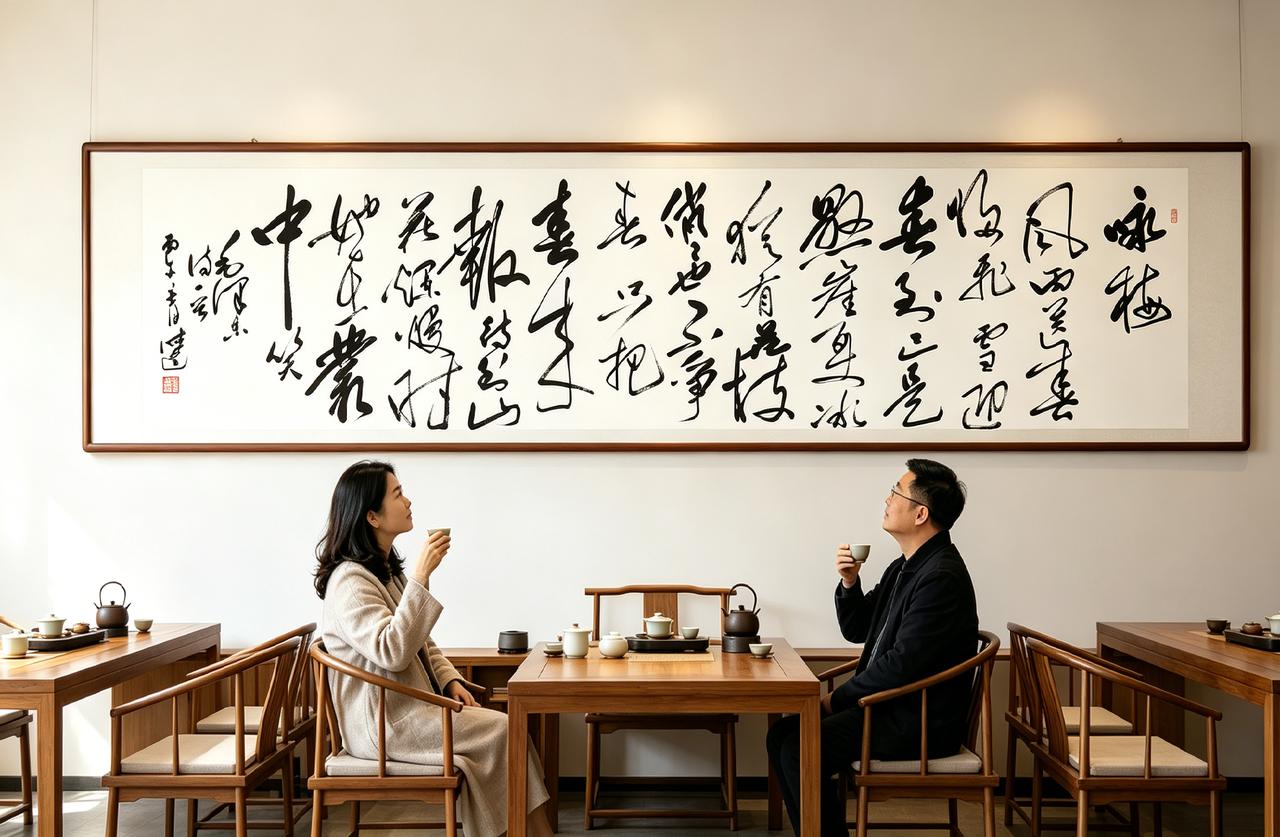 横幅毛体草书《卜算子・咏梅》悬于书房墙面，笔势纵横奔放，气韵洒脱豪迈。毛体书法大