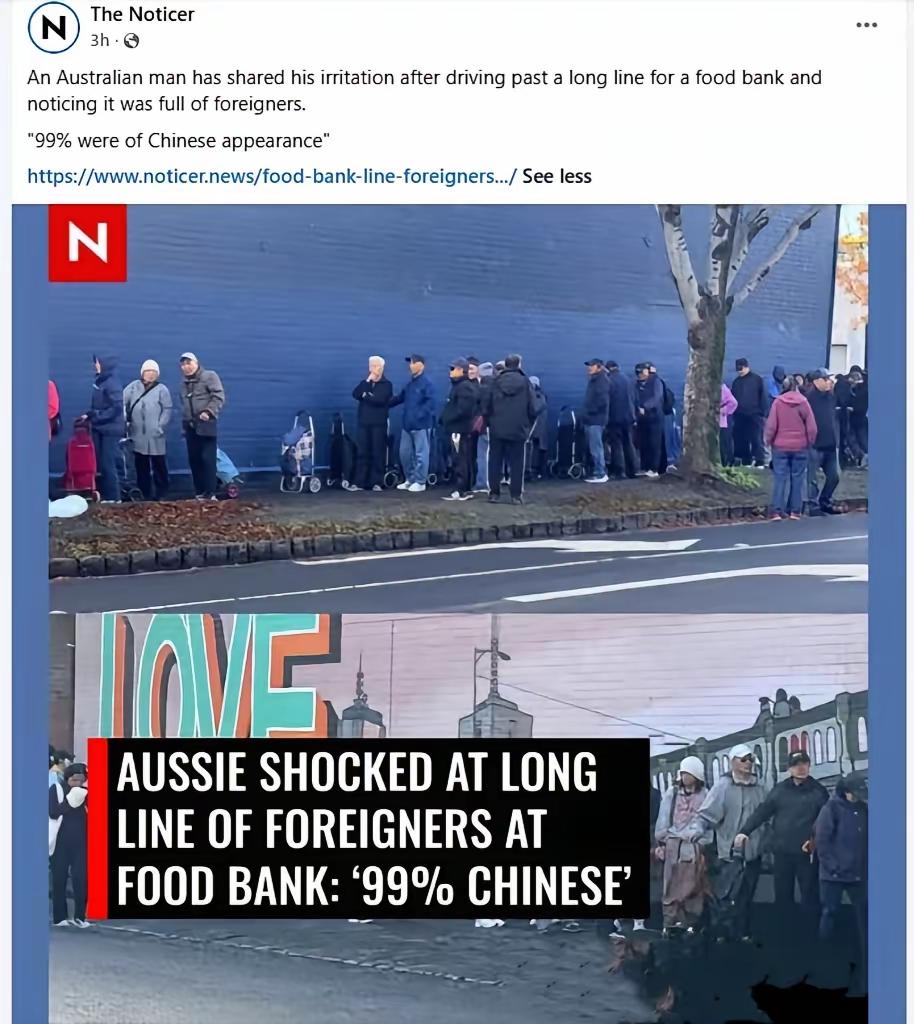 近日，澳媒称在墨尔本的免费食物领取点排队的99%都是华人，在澳引起了极大地争议。