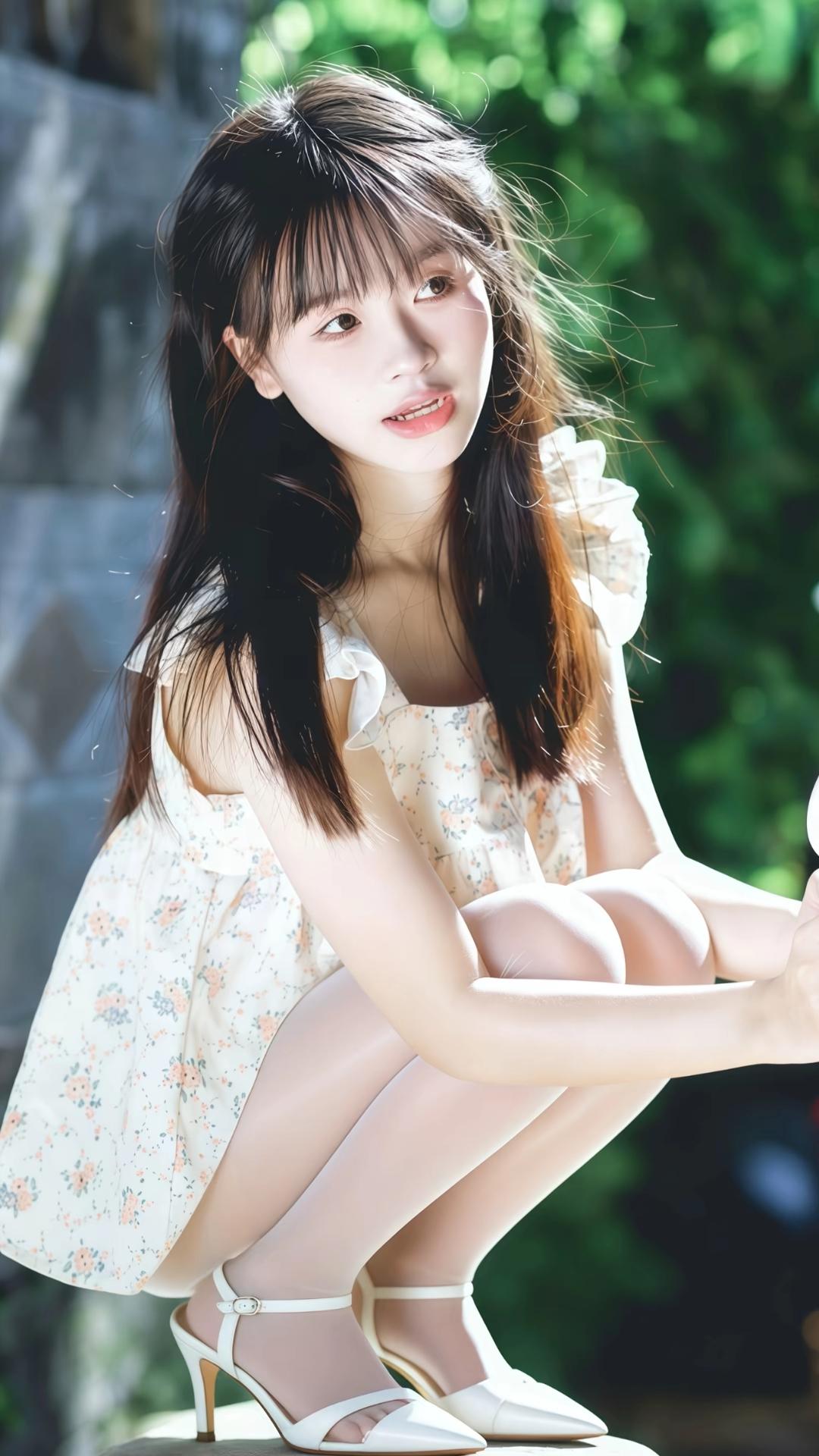 这组照片中的女子身着碎花吊带裙，搭配白色高跟鞋，在绿意盎然的户外环境中展现出温柔