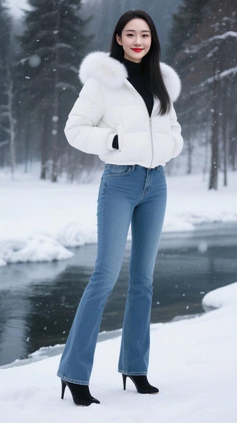 冬日雪时尚穿搭，白色羽绒服与牛仔裤的完美搭配，尽显优雅与温暖。羽绒服穿搭 羽绒服