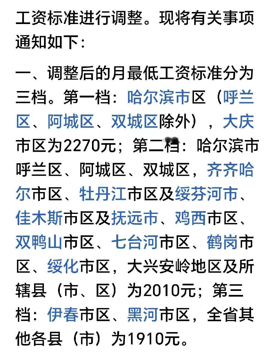 黑龙江省全省最低工资调整了，从调整后的工资高低，侧面反应地区经济发展水平～

黑