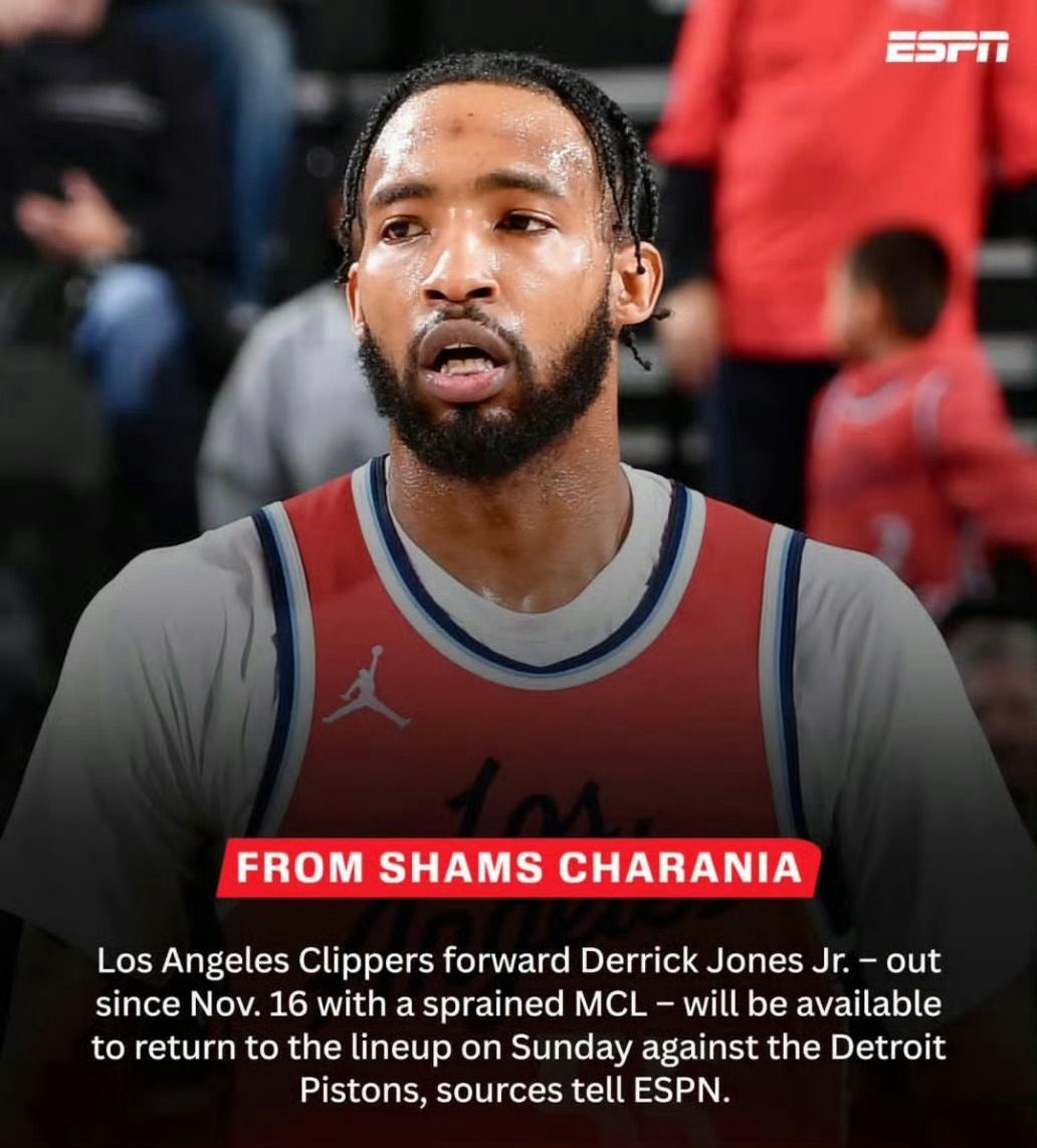 扬帆起航！据名记Shams刚刚报道，小琼斯将于明天对阵活塞的比赛￼复出。 