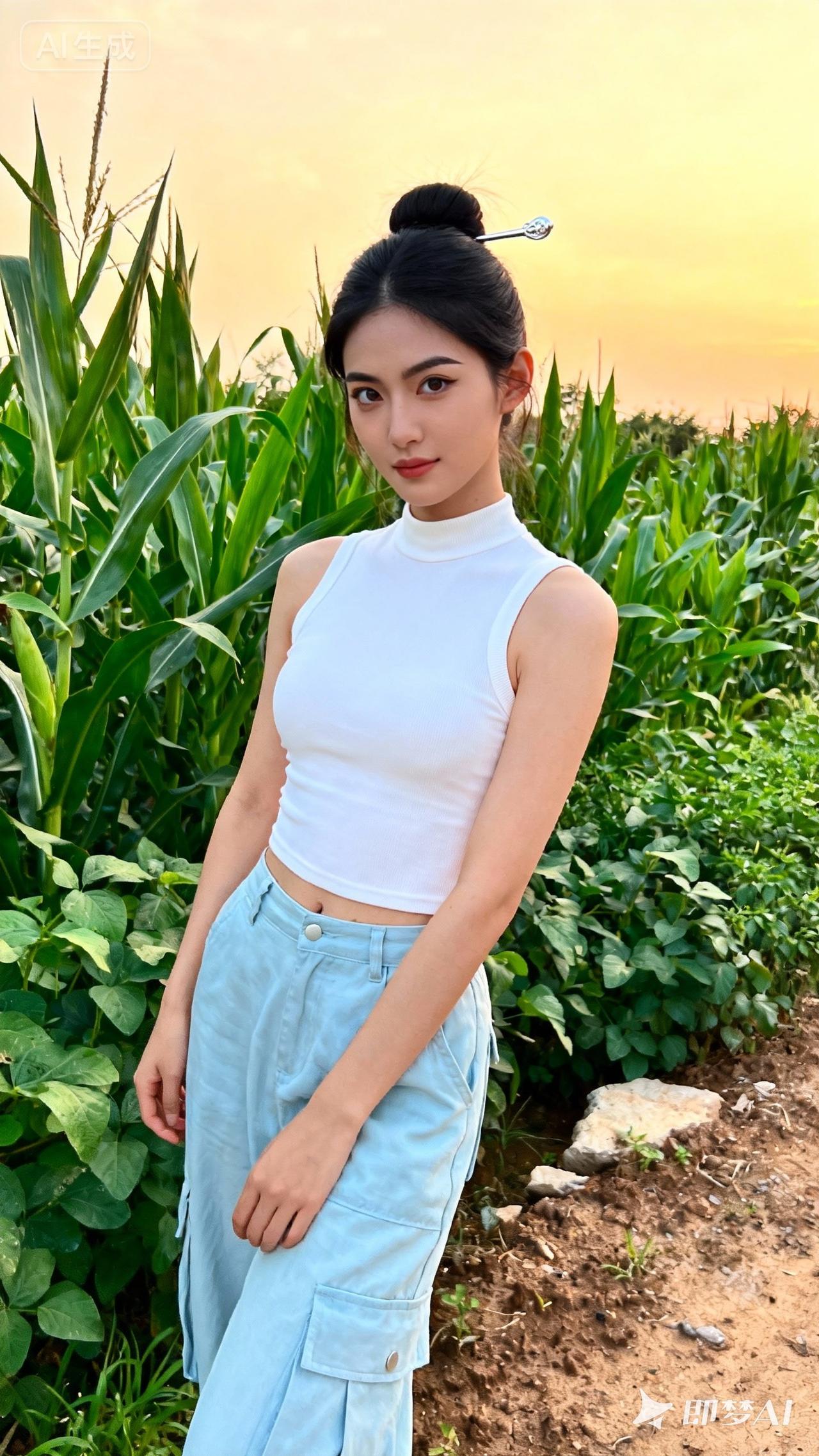 夏日田野里的清新少女，白色上衣与蓝色牛仔裤的完美搭配，自然光线下显得格外迷人。
