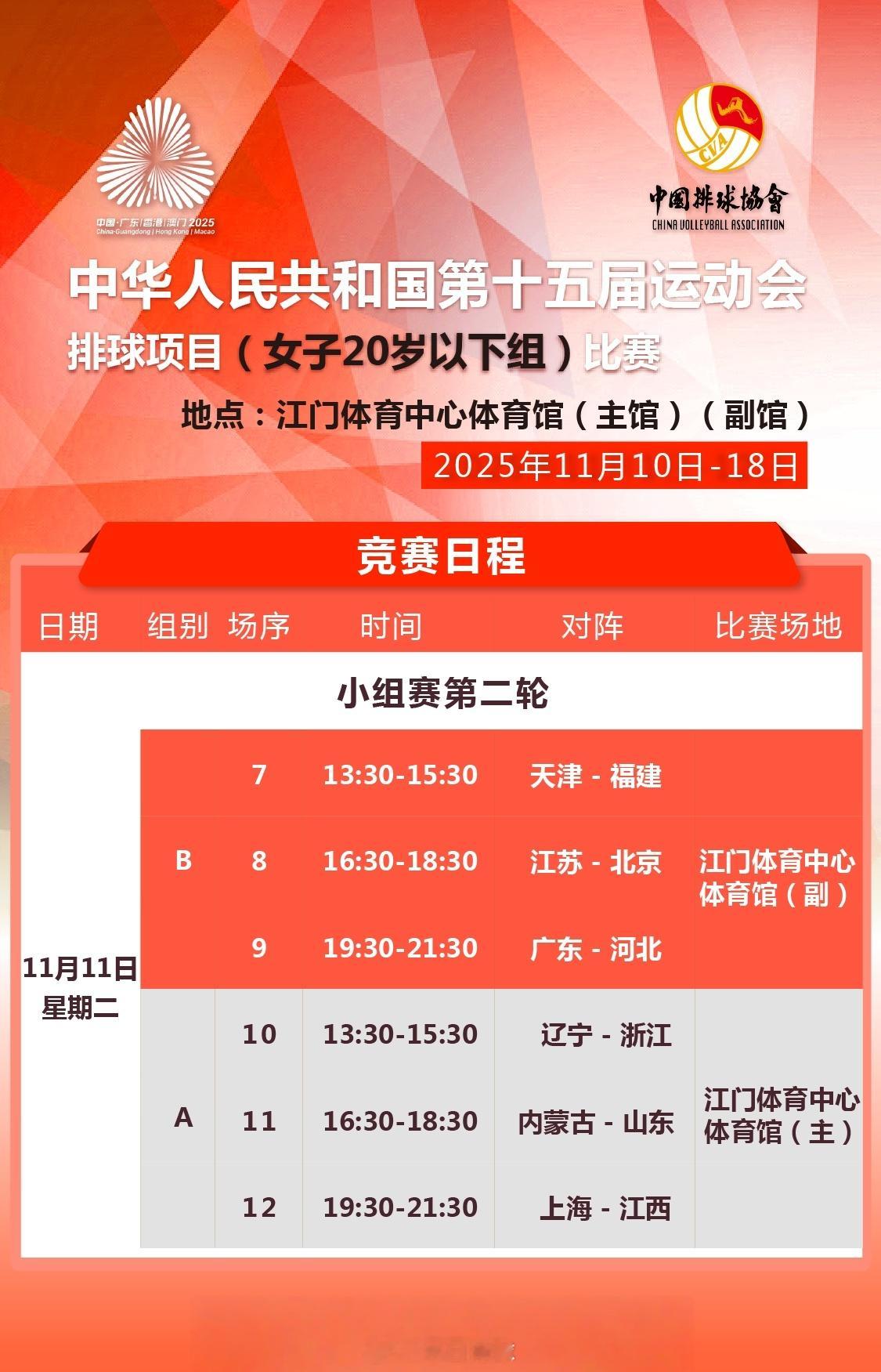 第十五届全运会 U20女排小组赛今天（11月11日）的竞赛日程，比赛没有视频直播