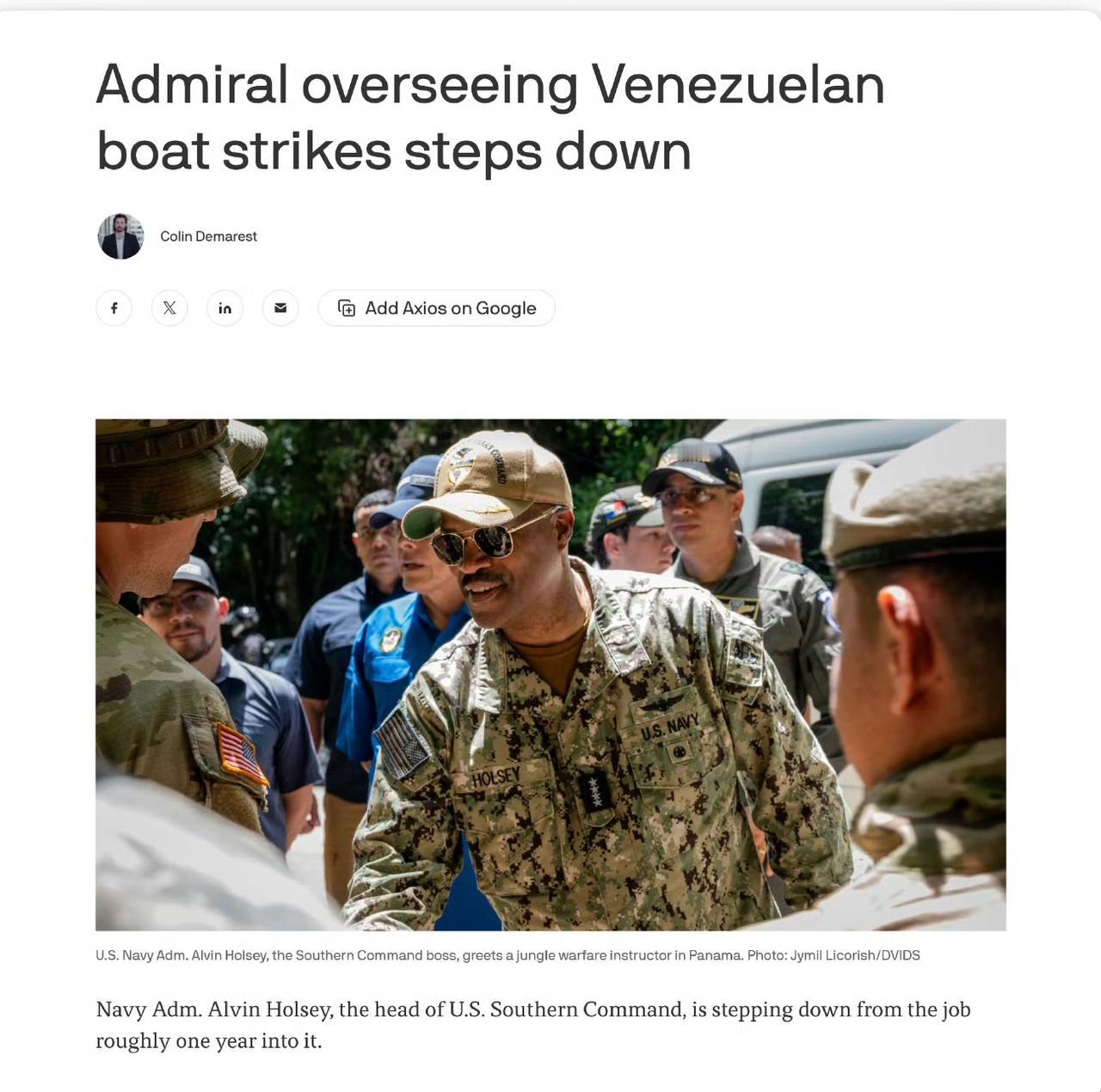 负责监督美军对委内瑞拉船只打击行动的海军上将阿尔文.霍尔西在社交平台X上发消息称
