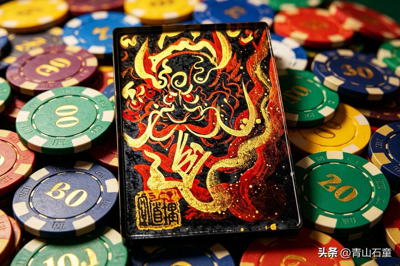 大财，靠运。

赤墨纹金大财馗牌
青山石童原创作品

青山石童画钟馗