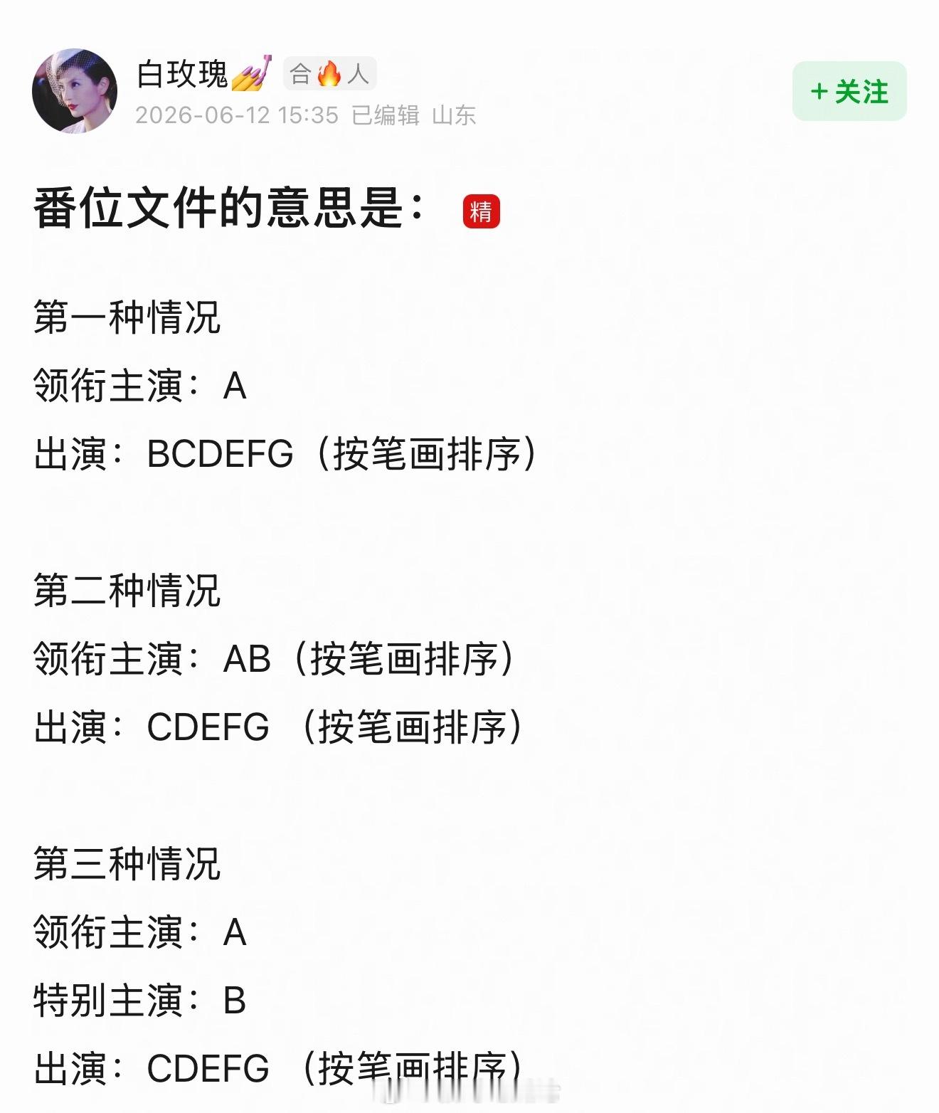 番位文件的意思是：第一种情况领衔主演：A出演：BCDEFG（按笔画排序）第二种情
