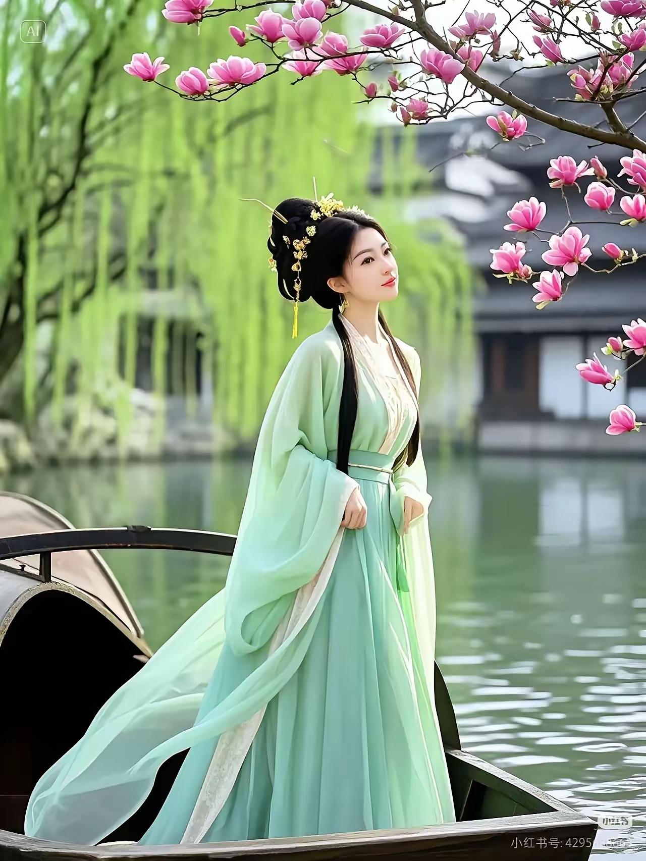 天净沙·舟游
佳人轻泛平湖，
两岸美景如图。
绿柳垂波吻露，
繁花红树，
一舟醉