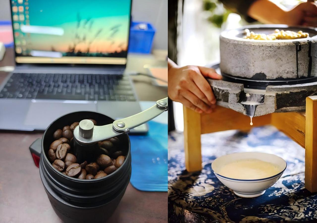 【咖啡其实是一种豆浆】
喝速溶咖啡的，就是吃豆奶粉。
喝手磨咖啡的，就是在磨豆浆