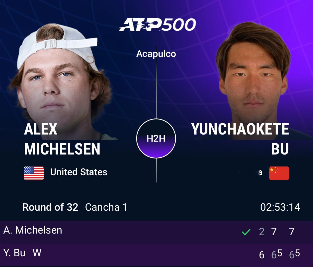 ATP500阿卡普尔科站首轮，布云朝克特在决胜盘2-5落后的情况下连续化解对手两