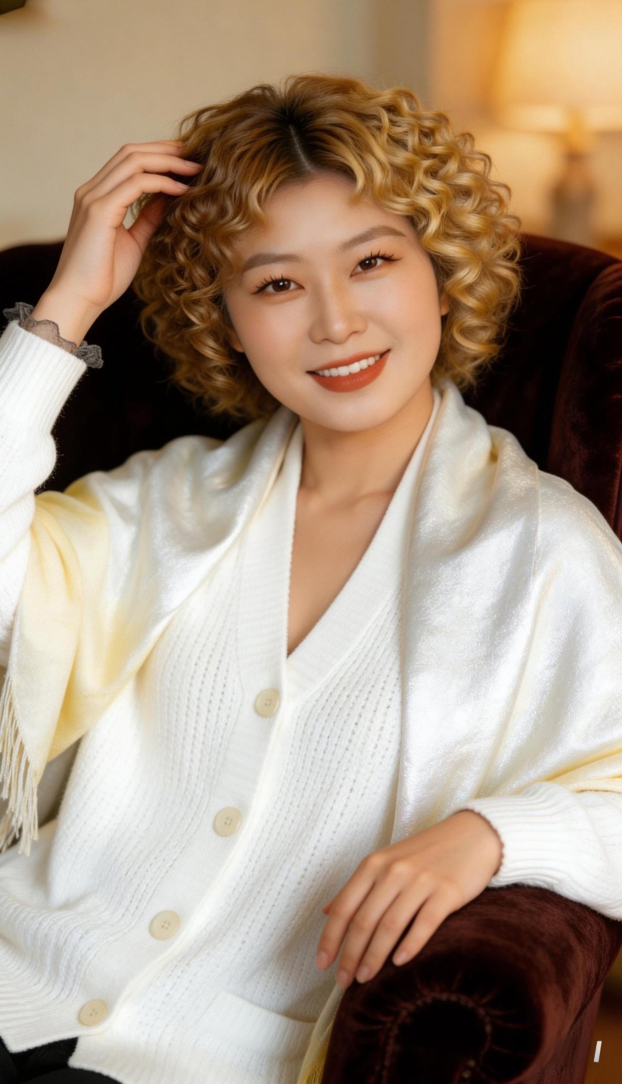 优雅卷发，温柔微笑，白色毛衣搭配，冬日暖阳下的美好时光。