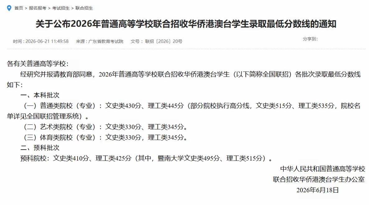 2026广东高考录取分数线公布。6月21日，广东省教育考试院发布通知，公布了20