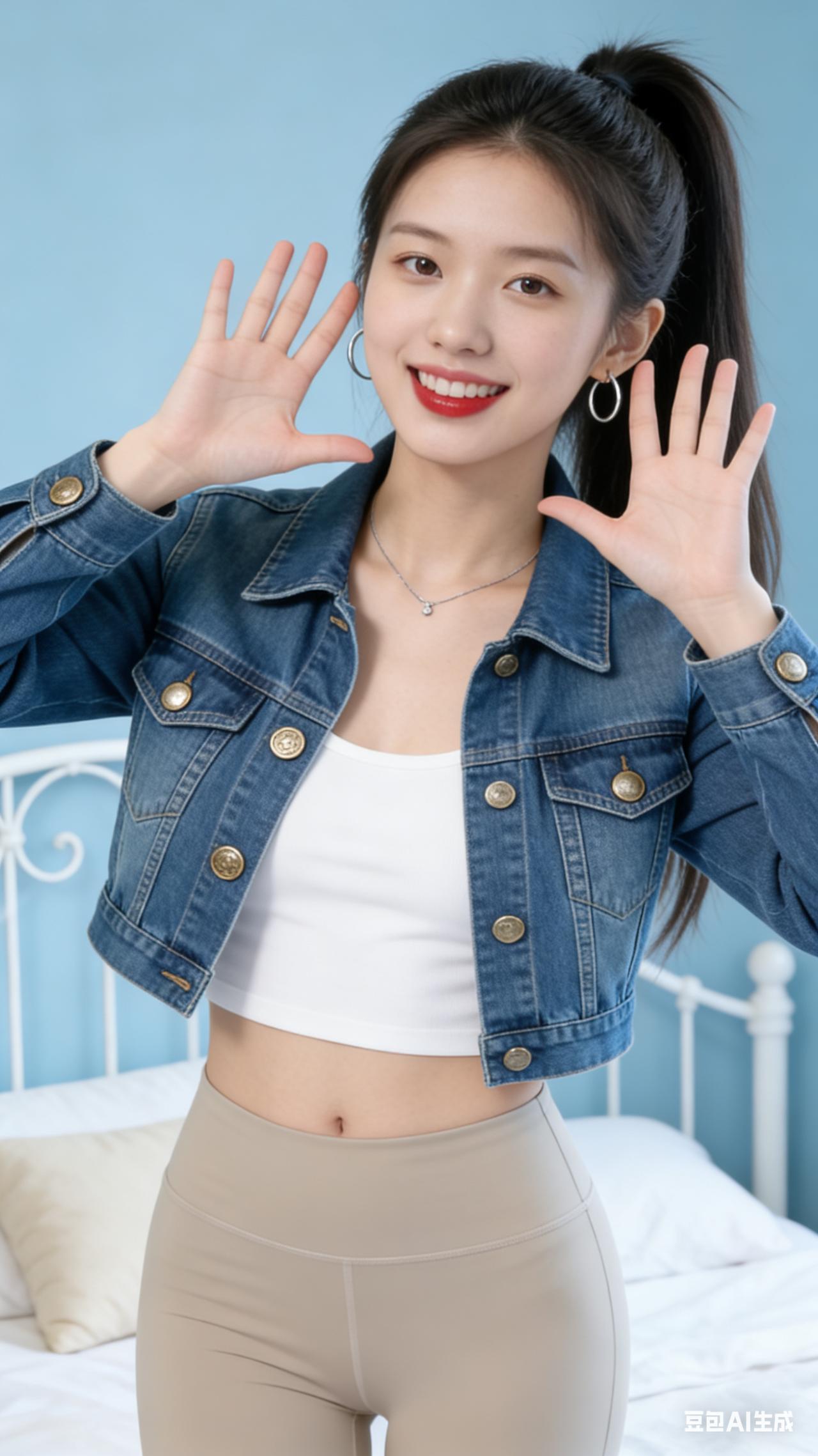 主体：20-25岁年轻东亚女性，鹅蛋脸，明亮杏眼，元气活泼气质，高马尾黑色长发，