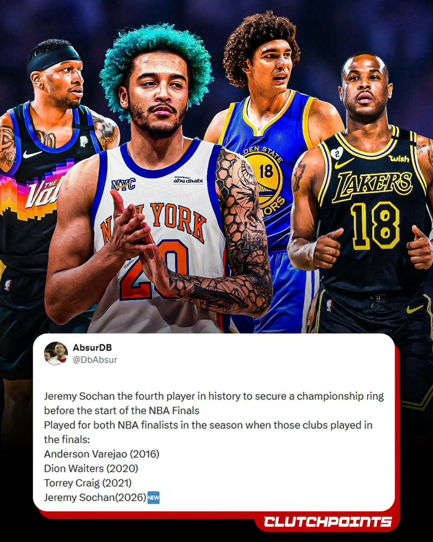 索汉是NBA历史上第四位在总决赛开打前就确定可以拿到戒指的球员，前三位分别是瓦莱