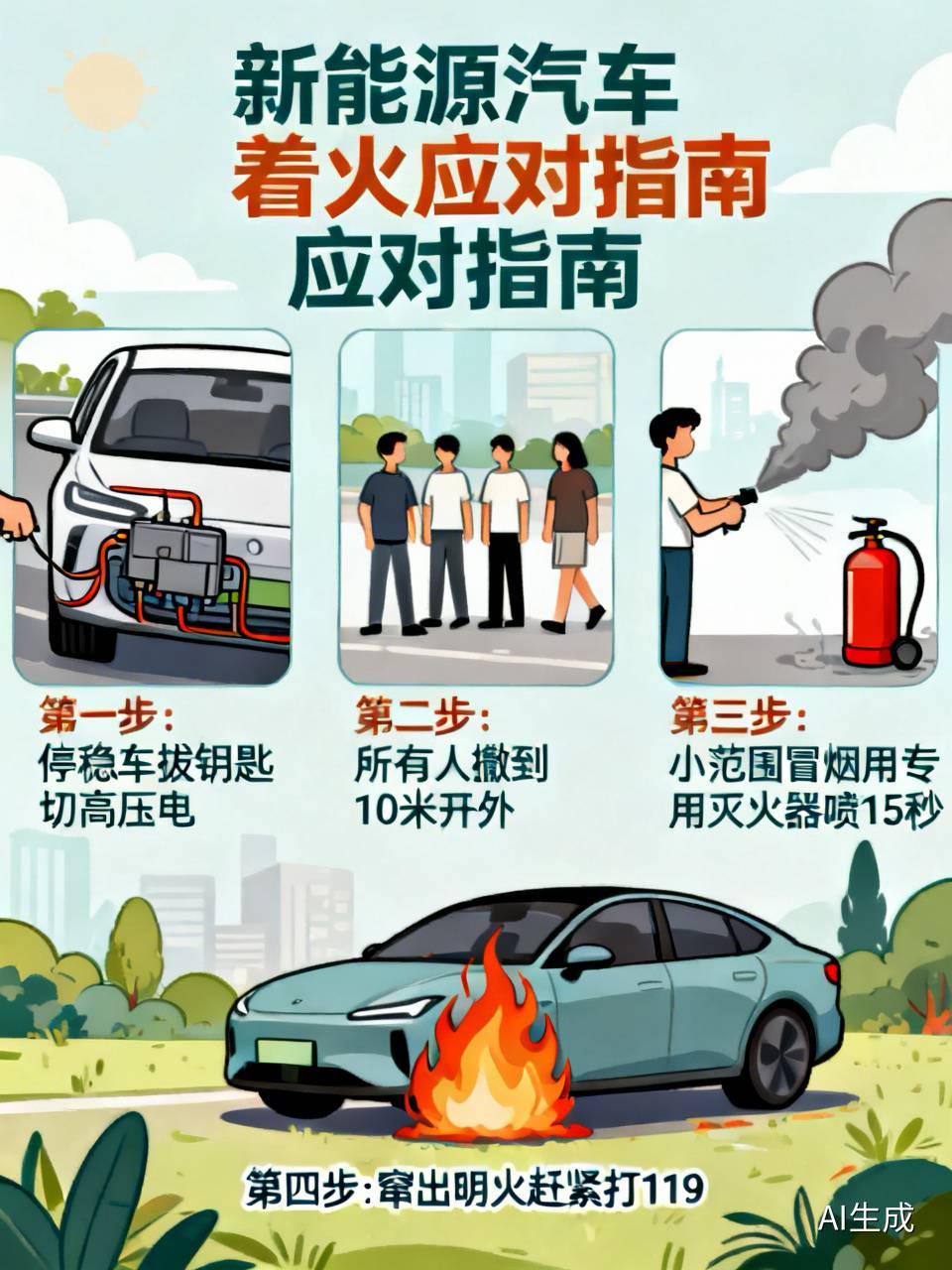 新能源汽车着火真的别逞硬上的英雄，之前刷到不少车主慌了直接拿矿泉水往冒烟的底盘浇