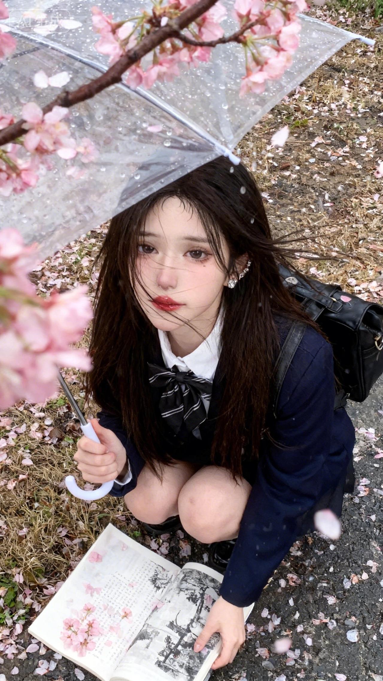 🌸 雨落樱漫时，定格青春的温柔瞬间
 
小淘今日穿搭，淅淅沥沥的春雨，打湿了春