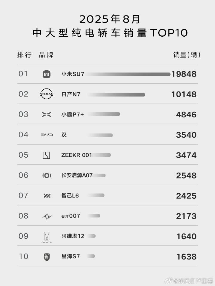 中大型纯电轿车，从销量来看，日产N7表现确实可以。 ​​​
