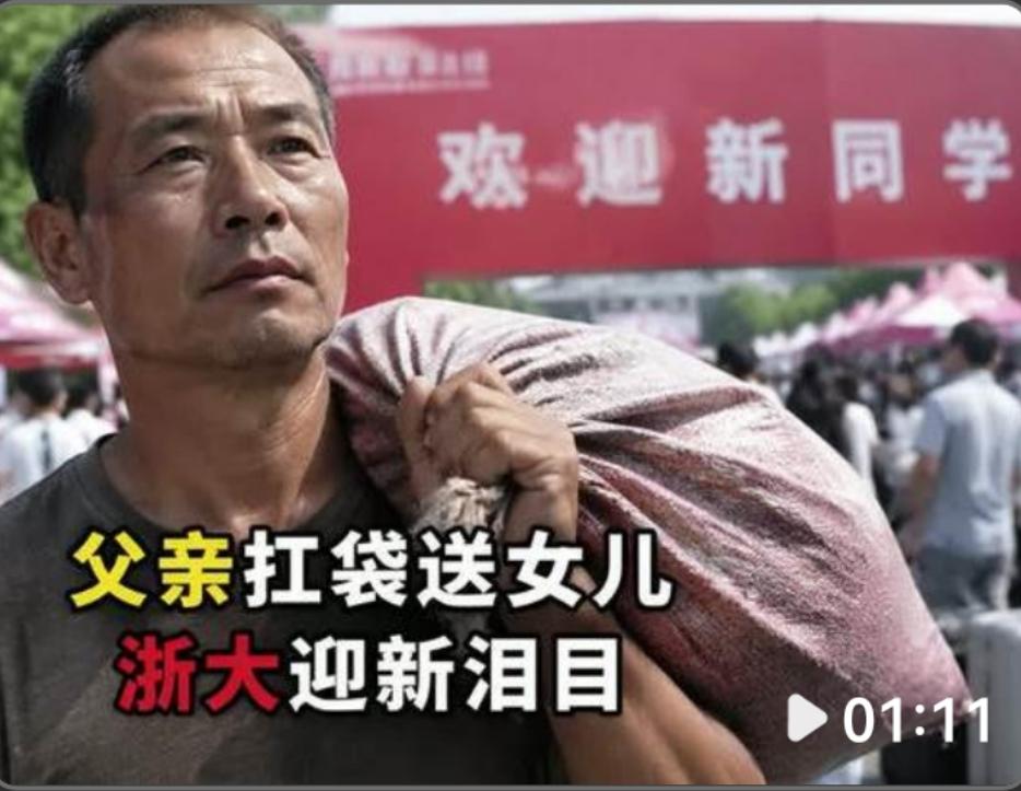 一位农民父亲，没有带拉杆的走轮行李箱，用厚实的肩膀扛着装满行李的蛇皮袋，送女儿去