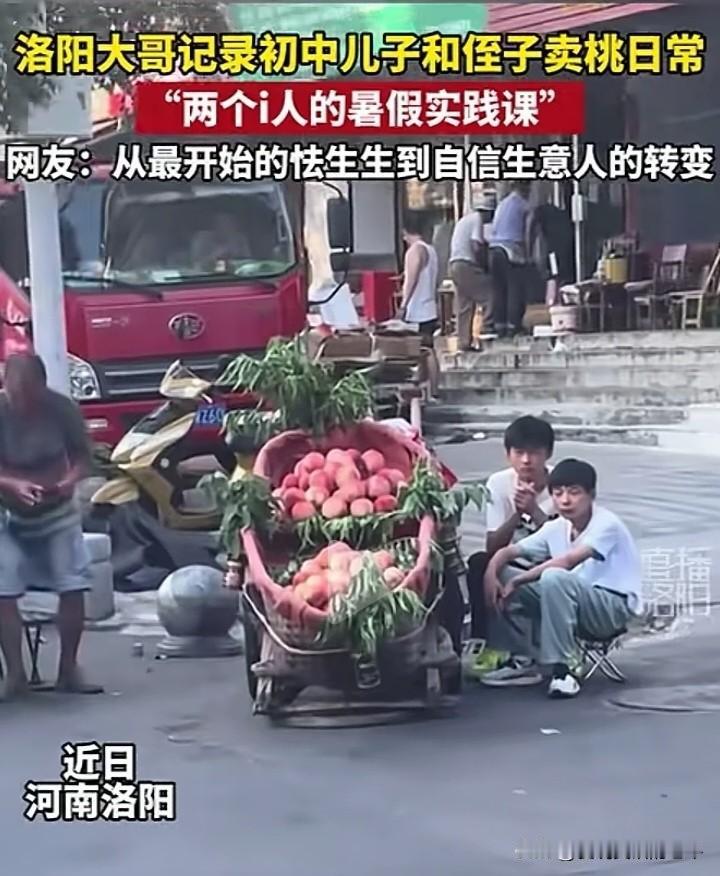 高明！河南男子为了改变性格内向，不敢与人交流的儿子和侄儿，让俩人拖着两筐桃上街卖