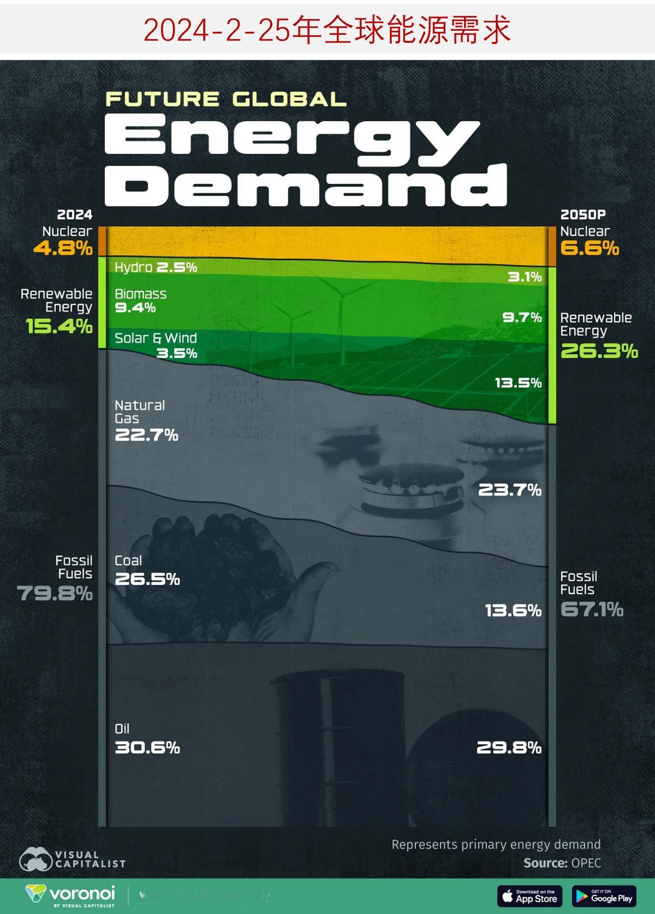 OPEC预测2050 年的全球各类能源需求是怎样的？

2024 年，化石燃料满
